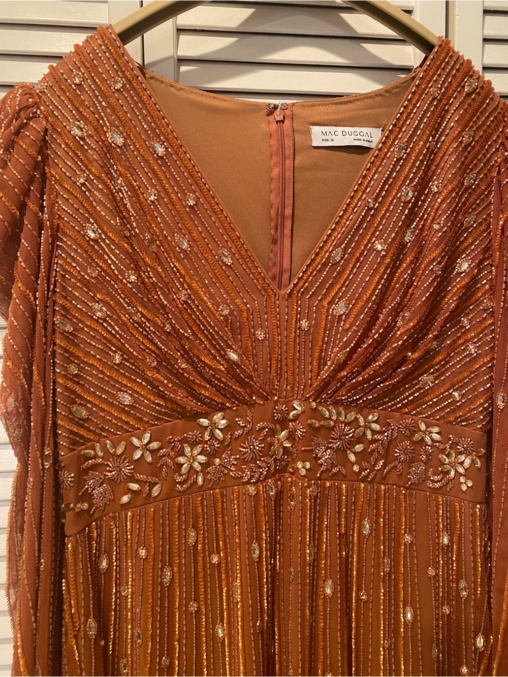 MAC DUGGAL 5593 Embellished V-Neck Puff Sleeve A-Line Cognac  Midi Dress - Sz 16